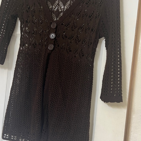 Wet Seal Brown Boho Open Knit Half Sleeve Button Hippie Long Cardigan Sweater - Picture 3 of 11